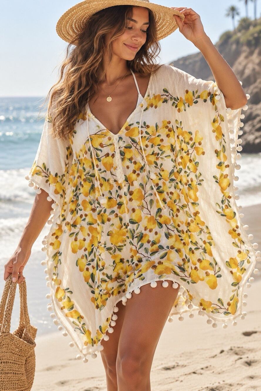 Farm Rio Pear Crochet Pom Pom Beach Cover Up Kaftan Summer Oversized Size S